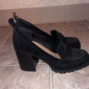 Black suede loafer block heels